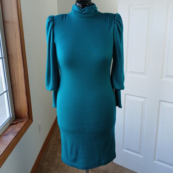 Benson & Smith Vintage 80s Green Maxi Sweater Dress sz 7 shoulder pads mock neck - Picture 5 of 16
